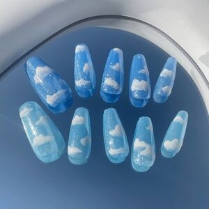 BurntCloudNails Glitter Blue Sky White Clouds Press on Nails - XS (Unused)